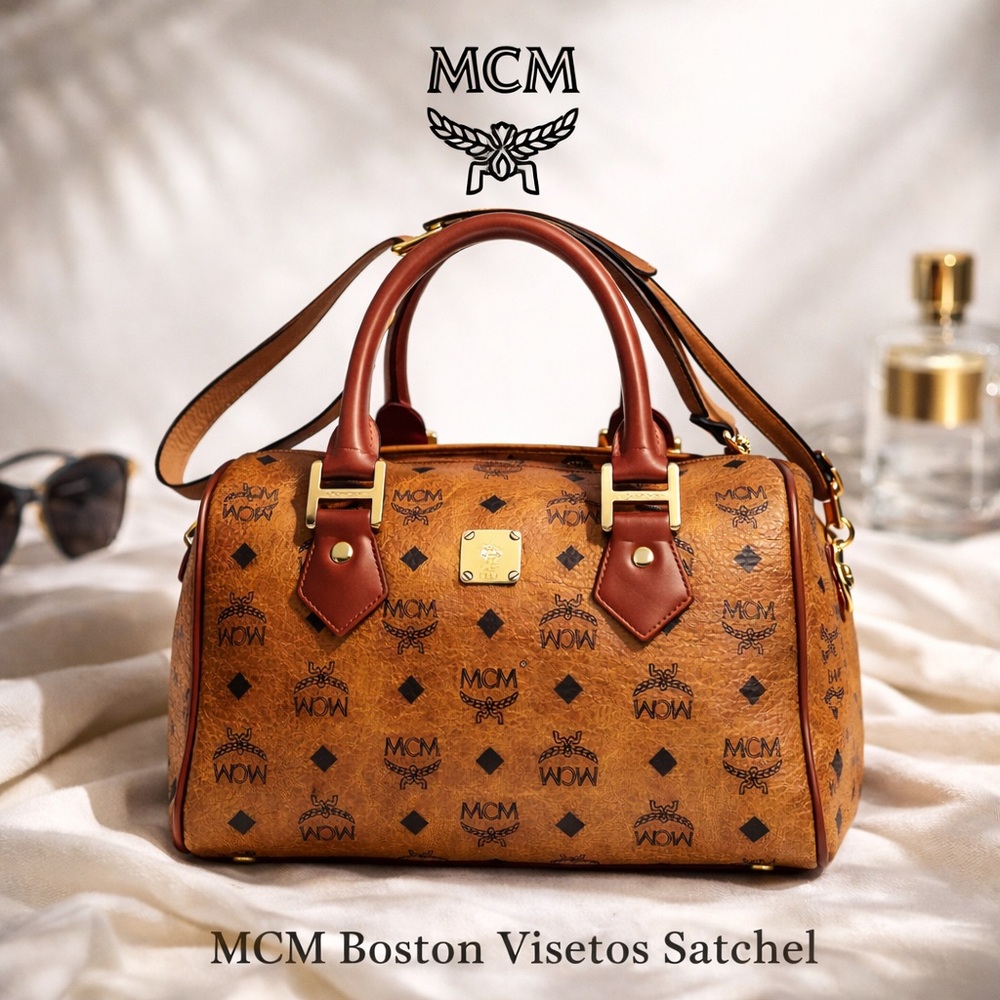 MCM Boston Visetos Satchel Cognac Vintage Top Handle Crossbody Bag